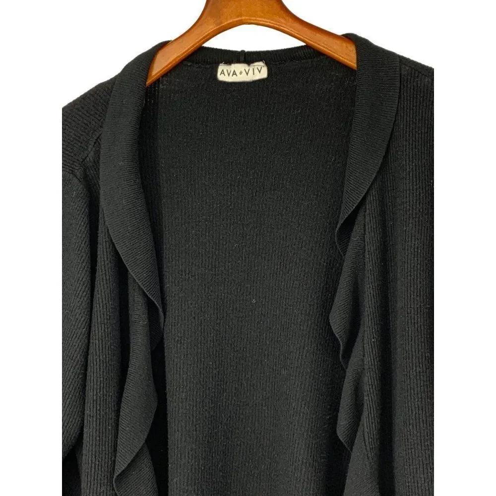 Ava & Viv Cardigan Ruffle Black 3X Women Sweater Open 3002 Viscose Knit 3/4 Sl